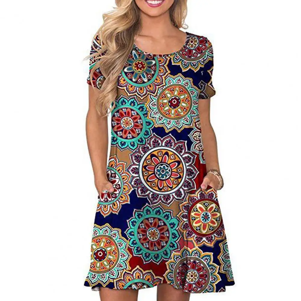 

Женское винтажное мини-платье с принтом, повседневное свободное пляжное платье с короткими рукавами, карманами и круглым вырезом, лето 2022
