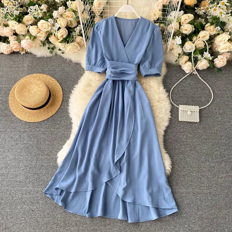 

Croysier Casual Dresses For Women 2021 Elegant Vintage Belted High Low Midi Dress V Neck Short Puff Sleeve Summer Dress Sundress