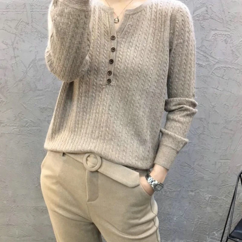 

Autumn New Korea Fashion Women Long Sleeve Button V-neck Pullovers All-matched Casual Knitting Sweater Ladies Sweaters
