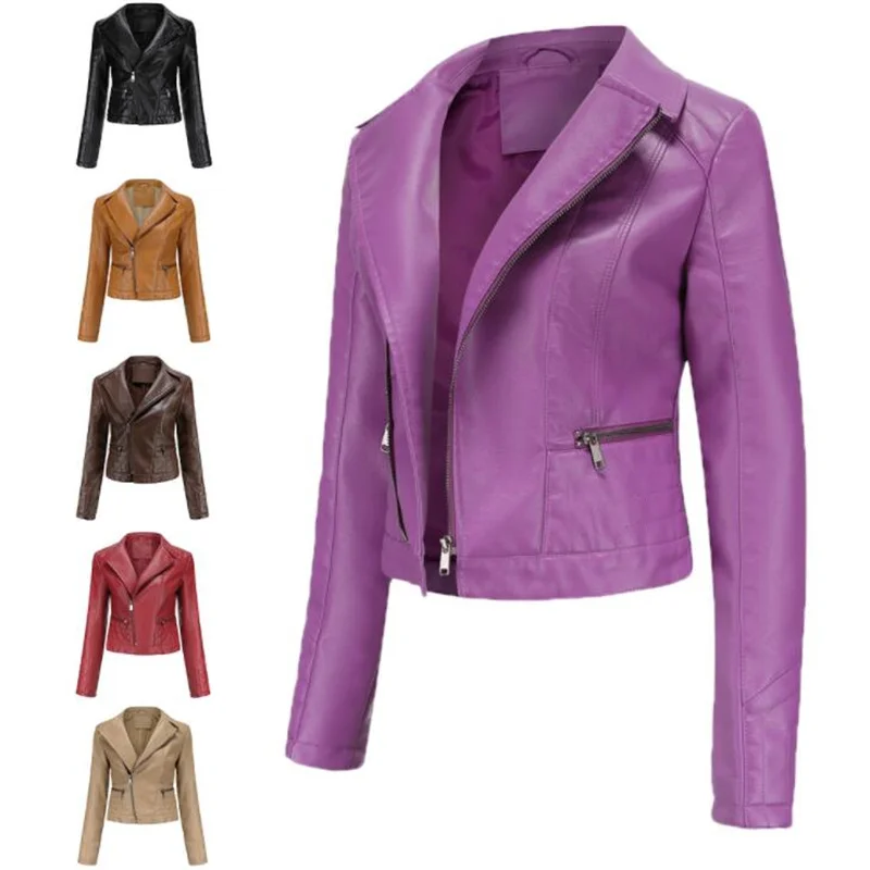 Ladies washed PU leather jacket women fashion lapel spring and autumn European 2021 new spring autumn пальто женское purple