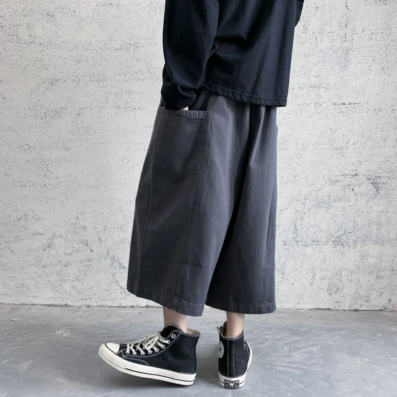 

Harajuku Style Summer Men Linen Pants Soft Wide Leg Trousers Male Drop Crotch HipHop Man Joggers Calf Length Pants Track Pant