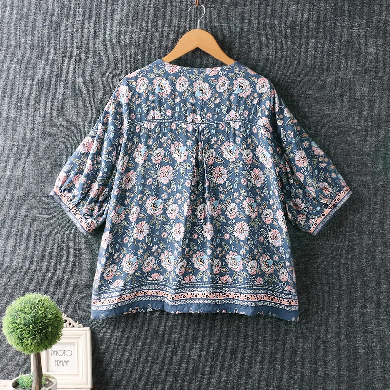 

Summer new women's Japan style sweet V-neck retro printed top short sleeve pullover shirt