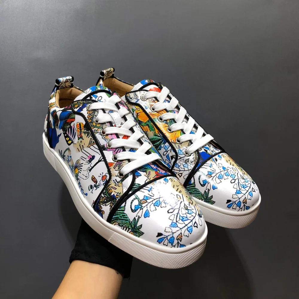 

High Quality Low Cut Red Bottom Men Shoes Luxury Real Suede Leather Graffiti 3D Pattern Casual Women Shoes Loafers Sneakers Punk