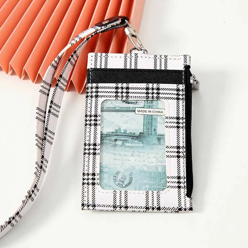

4 Colors Plaid Korean Shaped Named Card Holder Identity Badge with Lanyard PU Neck Strap Card Bus ID Card IC Holders