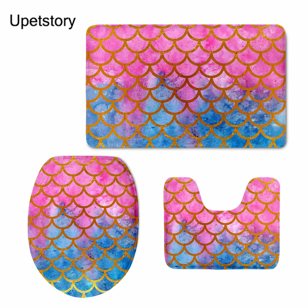

Upetstory 3pcs Fish Scale Bathroom Carpet Set Mermaid Style Colorful Shower Bath Mat Home Decor Anti Slip Toilet Mat Durable