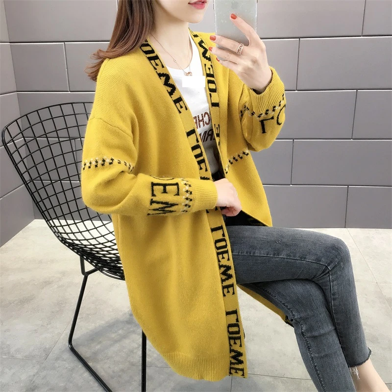 

Женский длинный кардиган с буквенным принтом, свободное трикотажное пальто с длинным рукавом, верхняя одежда, весна-осень 2020