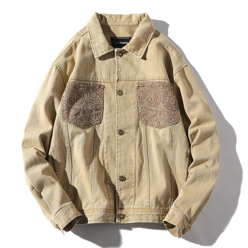 

Куртка мужская джинсовая с отложным воротником, Повседневная Уличная одежда из денима, пальто с длинным рукавом и принтом в стиле хип-хоп, 2021