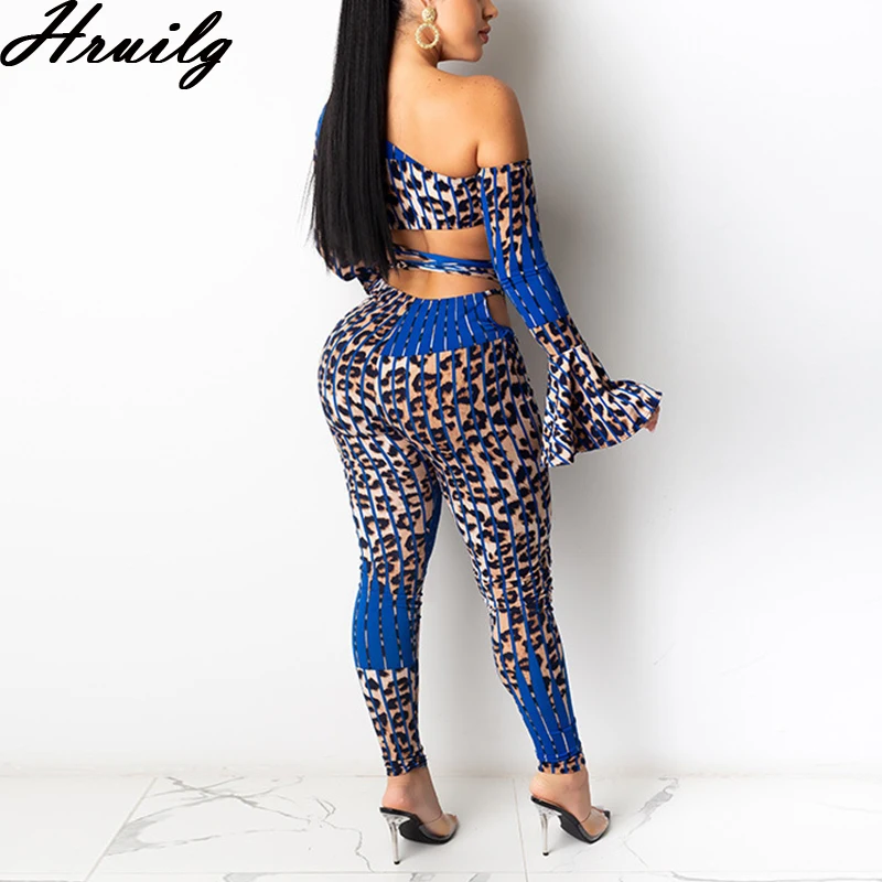 

Two Piece Set Women Flare Sleeve Crop Top&Long Pants Leopard Print 2 Piece Set Women Off Shoulder Sexy Party Clubwear 2 Pcs Set