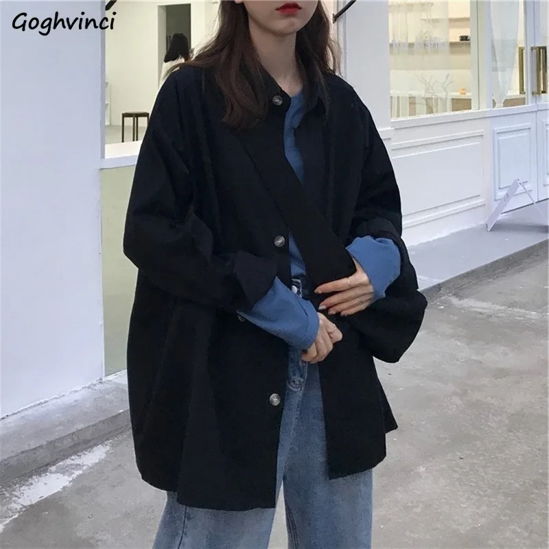 

Turn-down Collar Blouses Women Vintage Medium-long Chic Korean Style Solid All-match Cargo Retro Tops Autumn Ulzzang Streetwear