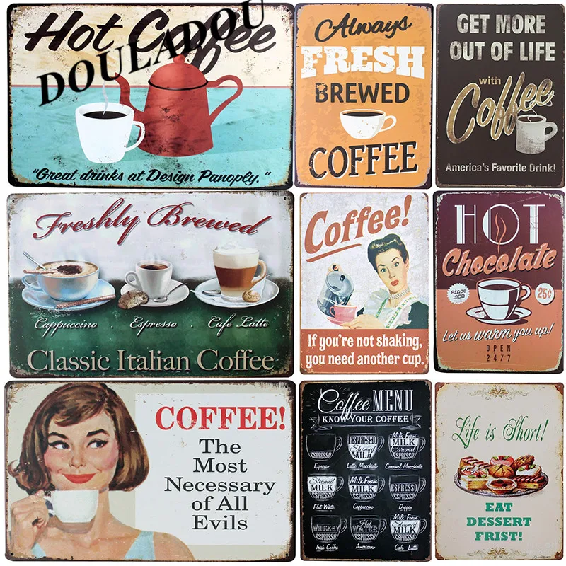 

[Douladou] Hot Coffee Wall Painting Vintage Metal Tin Signs Cafe Office Home Bar Store Hotel Decor Art Posters Tin Sign 20x30CM