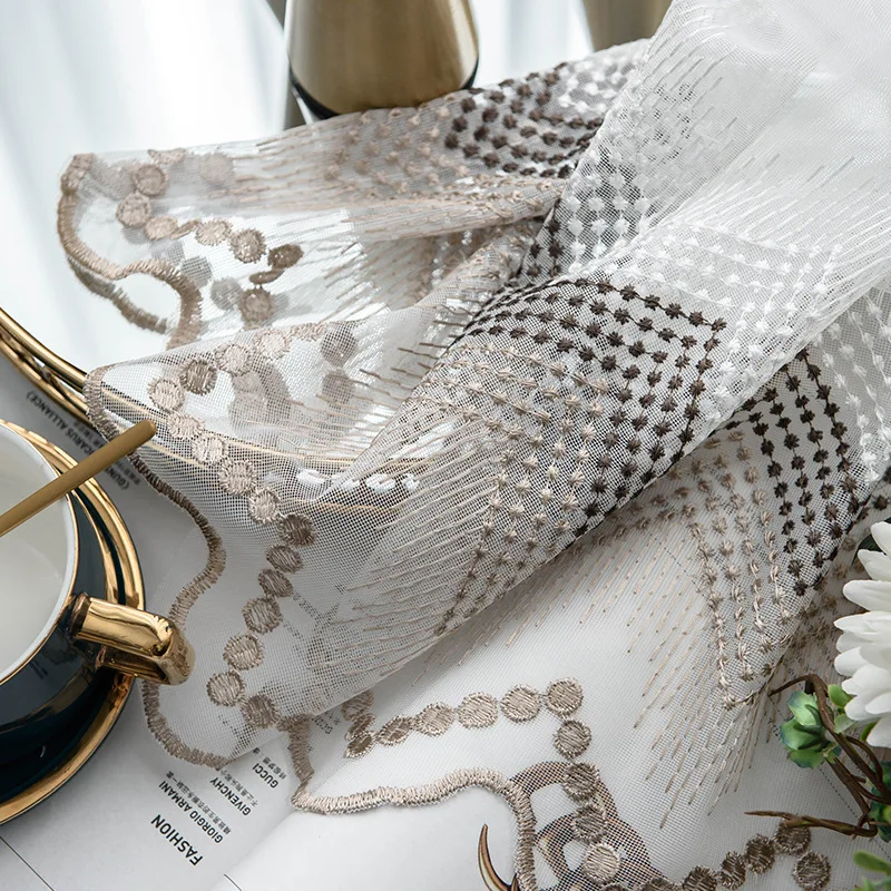 Коричневые прозрачные Занавески с вышивкой для окон гостиной современные