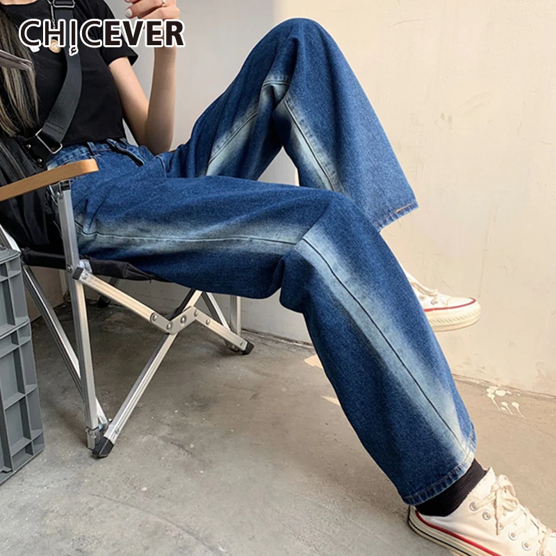 

CHICEVER Streetwear Denim Pant For Women High Waist Colorblock Patchwork Pockets Long Wide Leg Pants Female 2021 Autumn Clothing