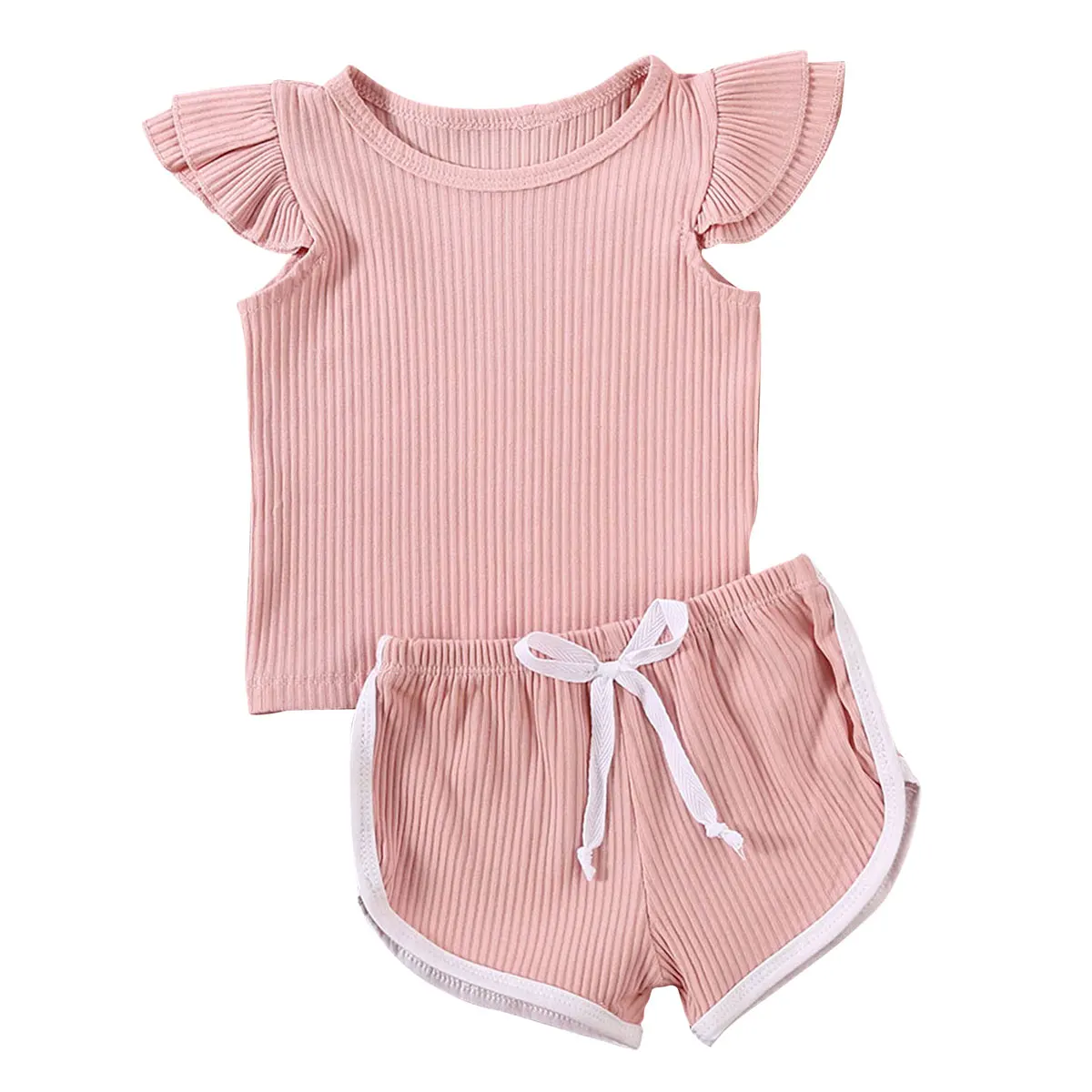 

Newborn Kid Baby Girl Summer knitted Outfit Clothes Set Solid fly sleeve T-shirt Top Pants Shorts 2PCS sunsuit 12M-5T
