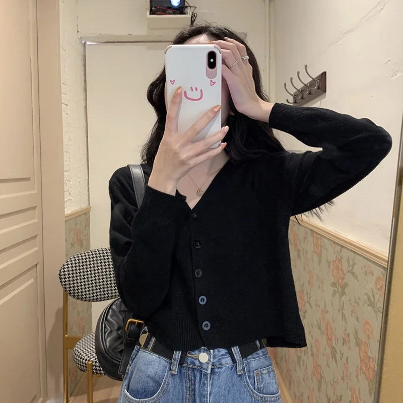 

Single-Breasted Loose Autumn Short High Waist Long Sleeves Outerwear Autumn Women 's Blouse Sweater Coat V-neck Sweater Cardigan