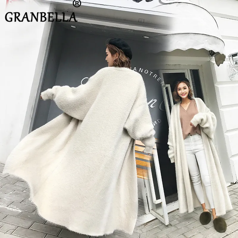 

2020 winter warm loose long faux mink velvet fur sweater cardigan new elegant solid color outerwear women's knit outerwear