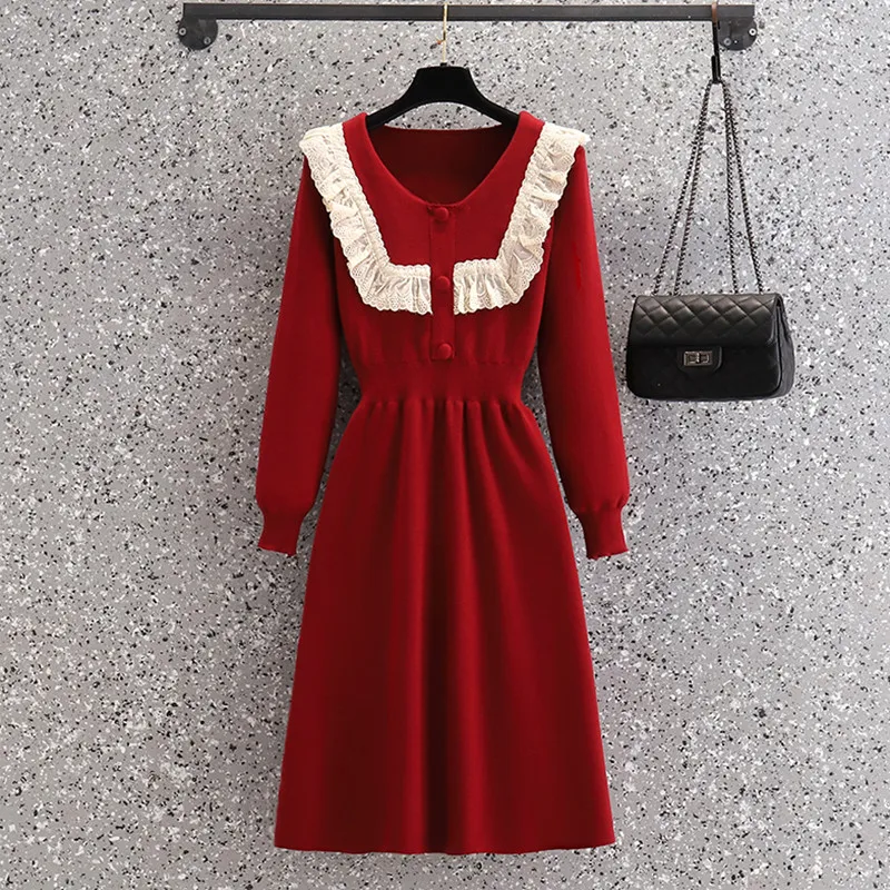 

Элегантное офисное кружевное лоскутное платье 3XL, Осень-зима 2021, облегающие вязаные платья-свитеры с длинным рукавом, v-образным вырезом и пу...