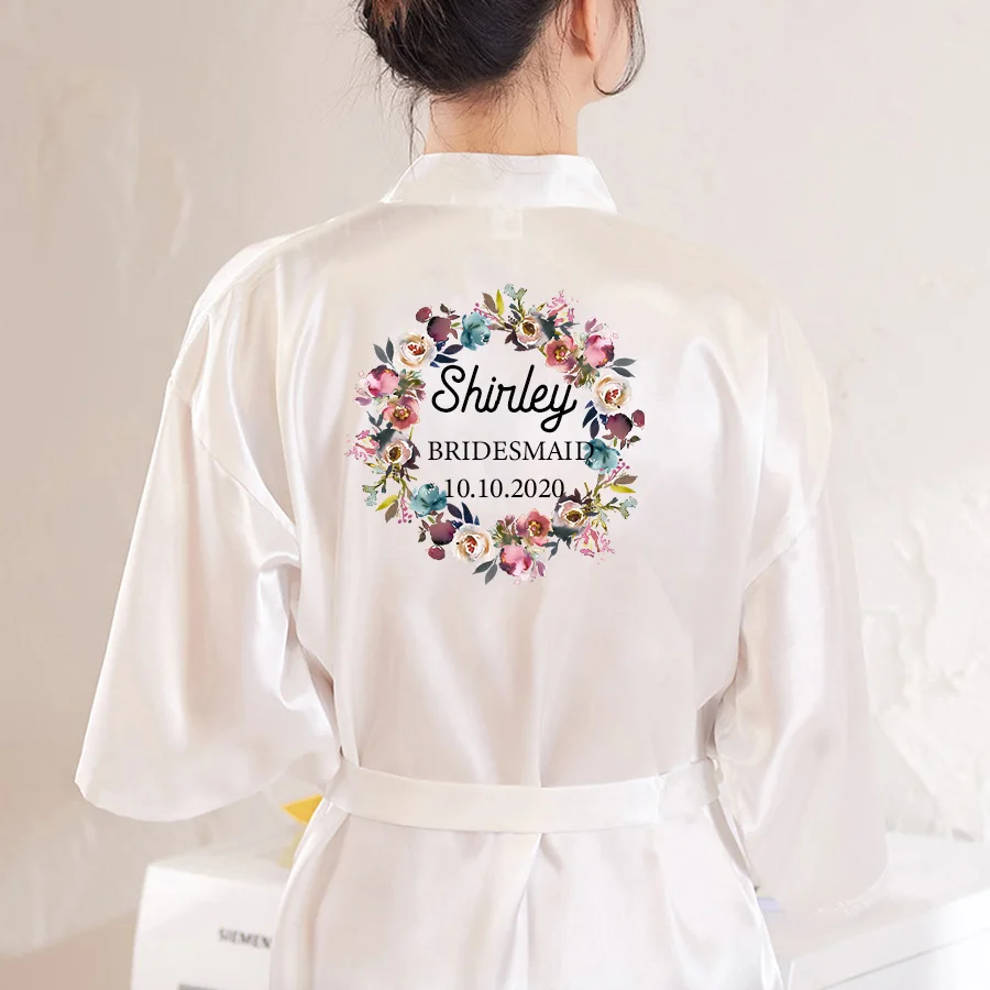 

Wedding Satin Dressing Gown Personalized Custom Name Flower Print Bride Team Robes Bridal Party Robes Bridesmaid Robes gift