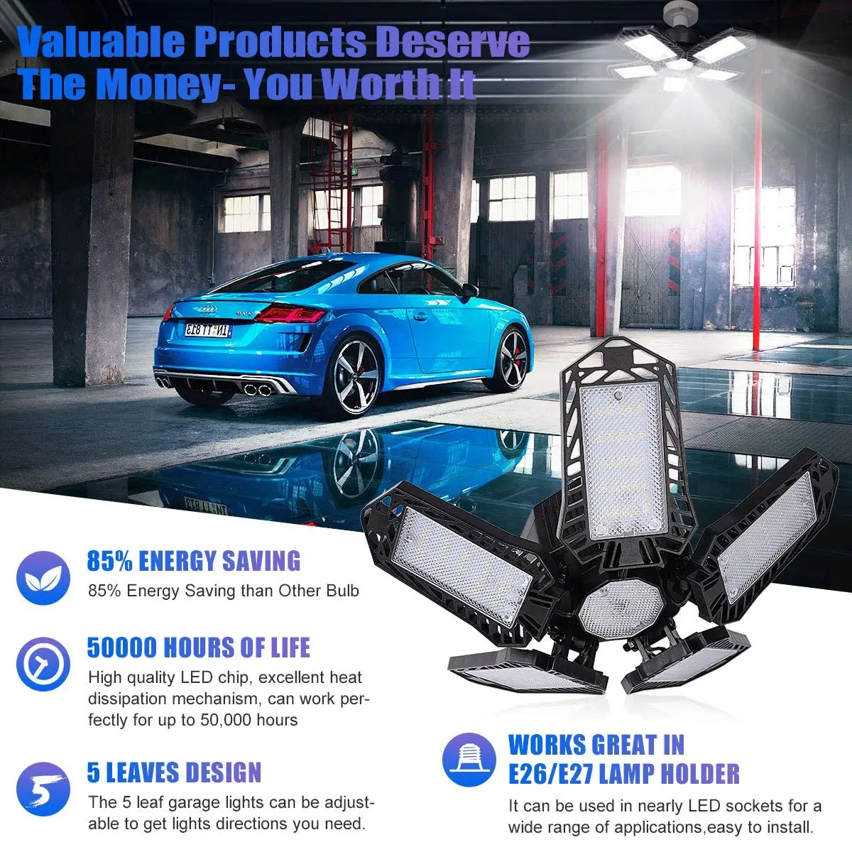 Деформируемый потолочный светодиодный светильник для гаража Складная Лампа