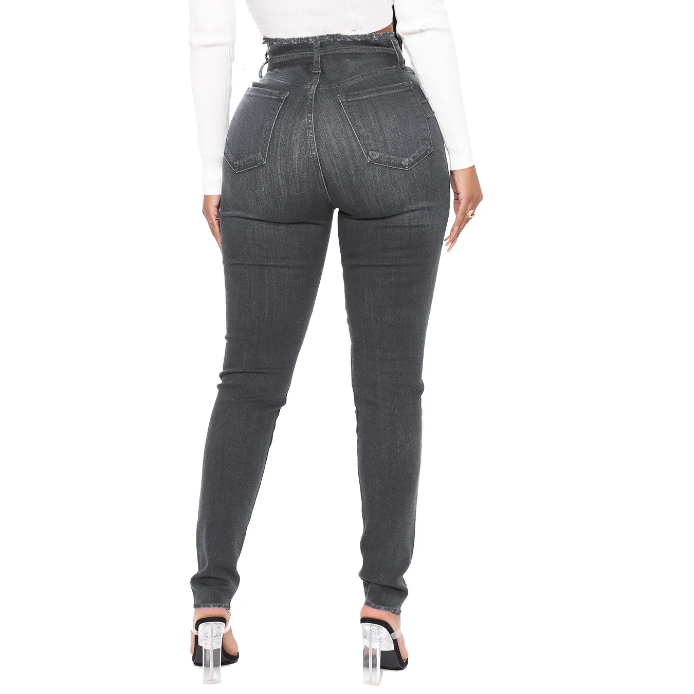 

Fashion Women High Waist Sashes Skinny Jeans Hot Selling Streetwear Female's Solid Lace-Up Skinny Denim Pants 2021 Spring