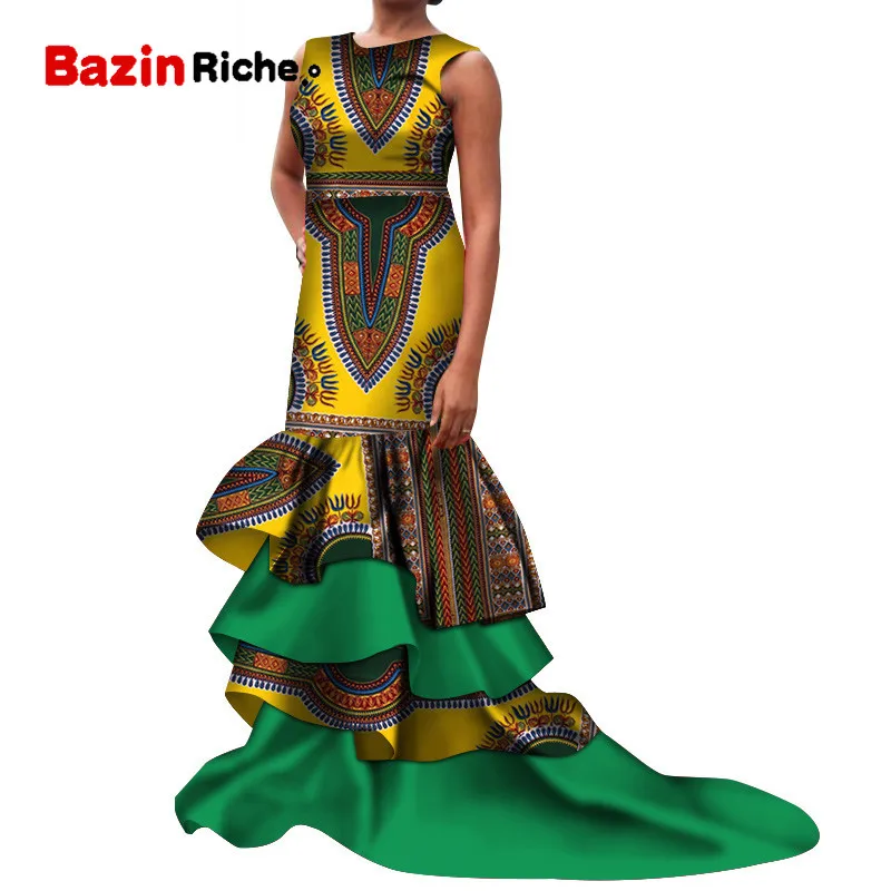 Bazin Riche African Women Clothing Sexy Patchwork Sleeveless Long Mermaid Dresses Party Vestidos African Print Dresses WY4918