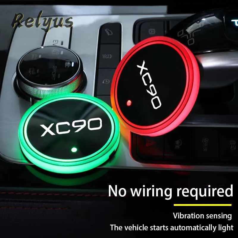 

2Pcs Car Logo Luminous Cup Mat Coaster Led Atmosphere Light Non-slip Mat For Volvo XC90 XC 90 Car Accessories