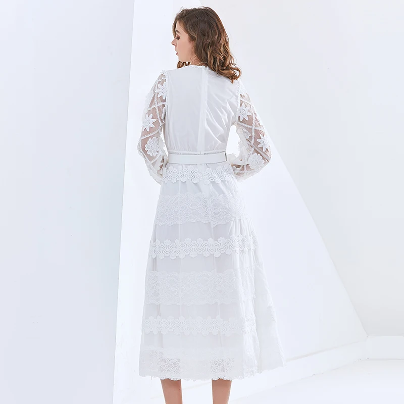 

TWOTWINSTYLE Vintage Dress For Women O Neck Long Sleeve High Waist Embroidery Hit Color Mid Dresses Female 2021 Autumn Clothing