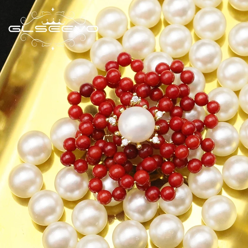 

Glseevo women's Brooches on clothes natural pearls coral flower round Gifts for the new year luxury red brooches GO0397A