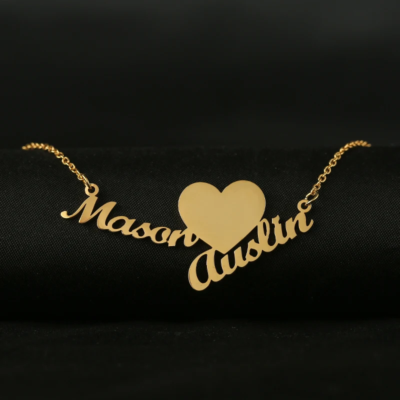 

Custom Personalized Two Name Necklace Heart Stainless Steel Choker Nameplate Pendant And Necklaces Handmade Couple Jewelry