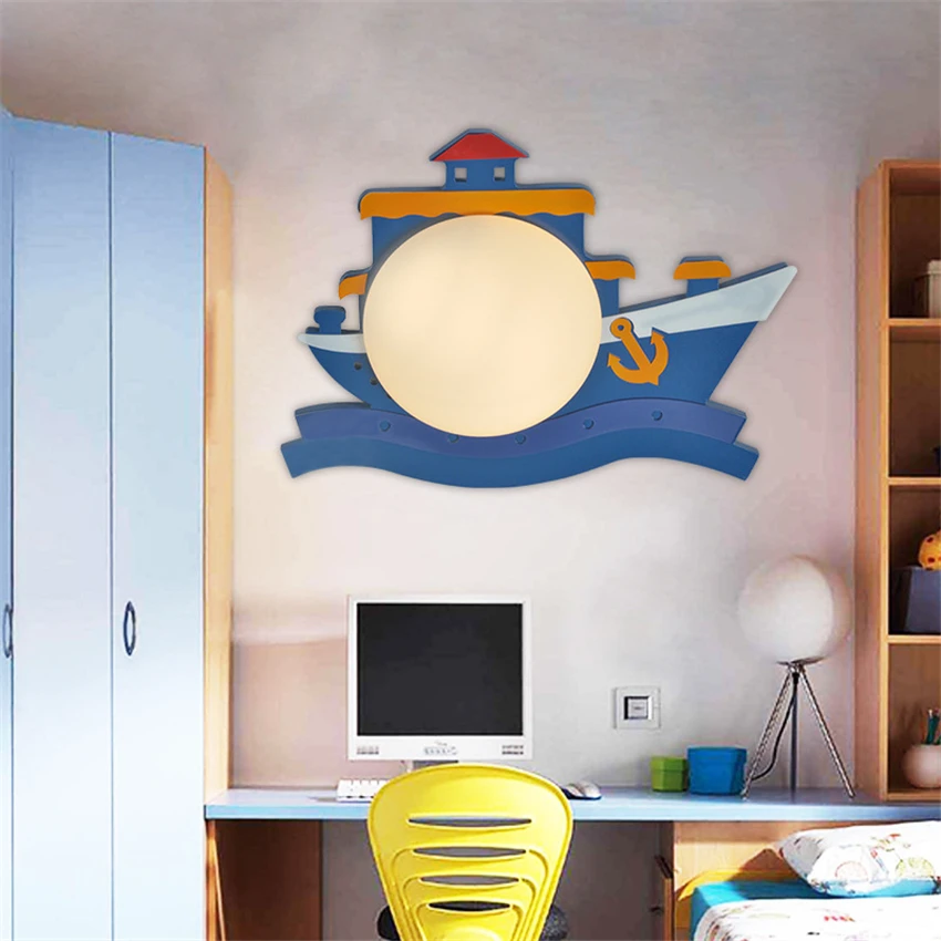 

Cartoon Pirate Ship Wall Lamps Nordic Blue Sailing Cruise Ship DecorLamps Children's Room Boy Girl Bedroom Bedside Wall Lights