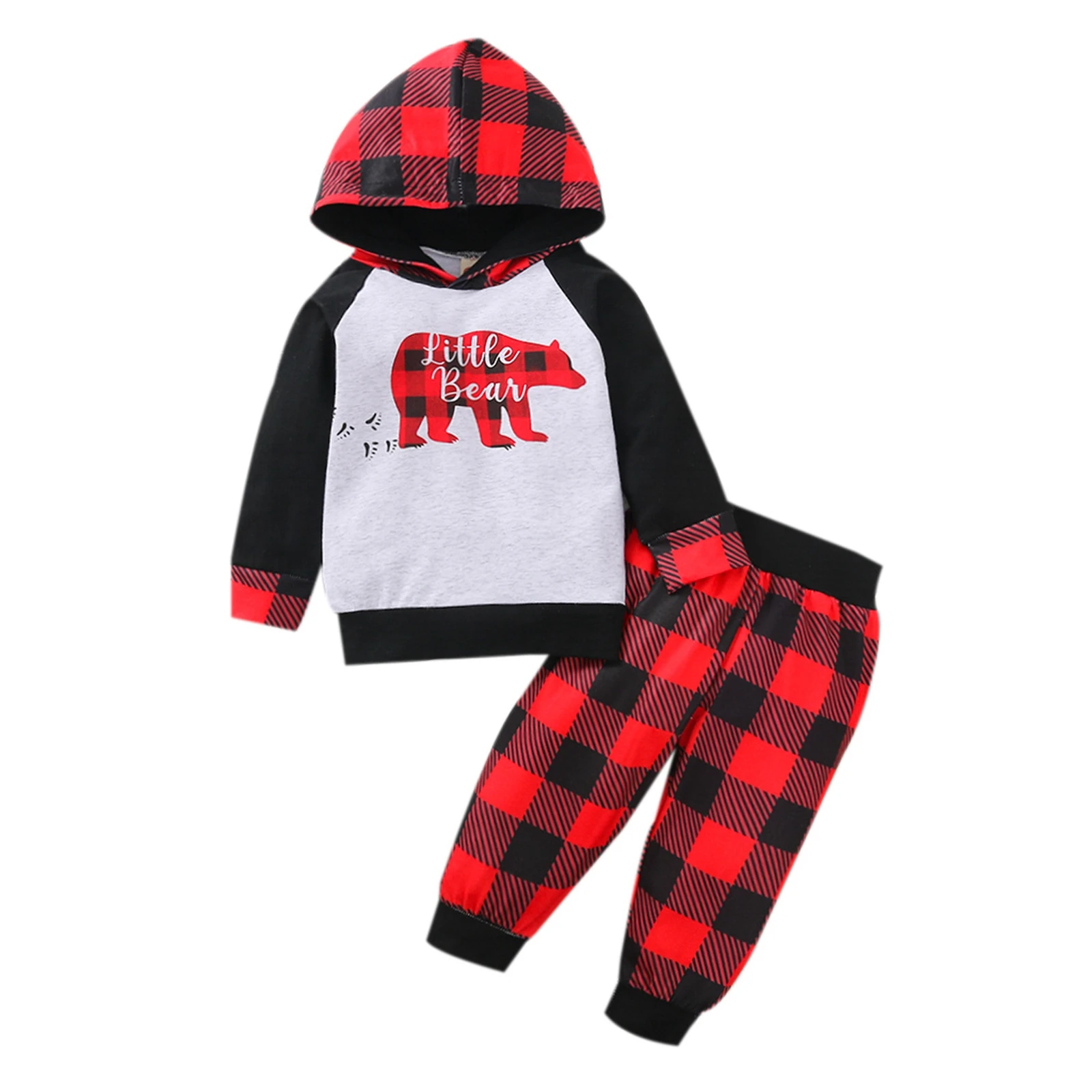 

Новогодняя одежда для младенцев, комплект из 2 предметов, толстовка с длинным рукавом и принтом медведя в клетку и брюки с эластичным поясом,...
