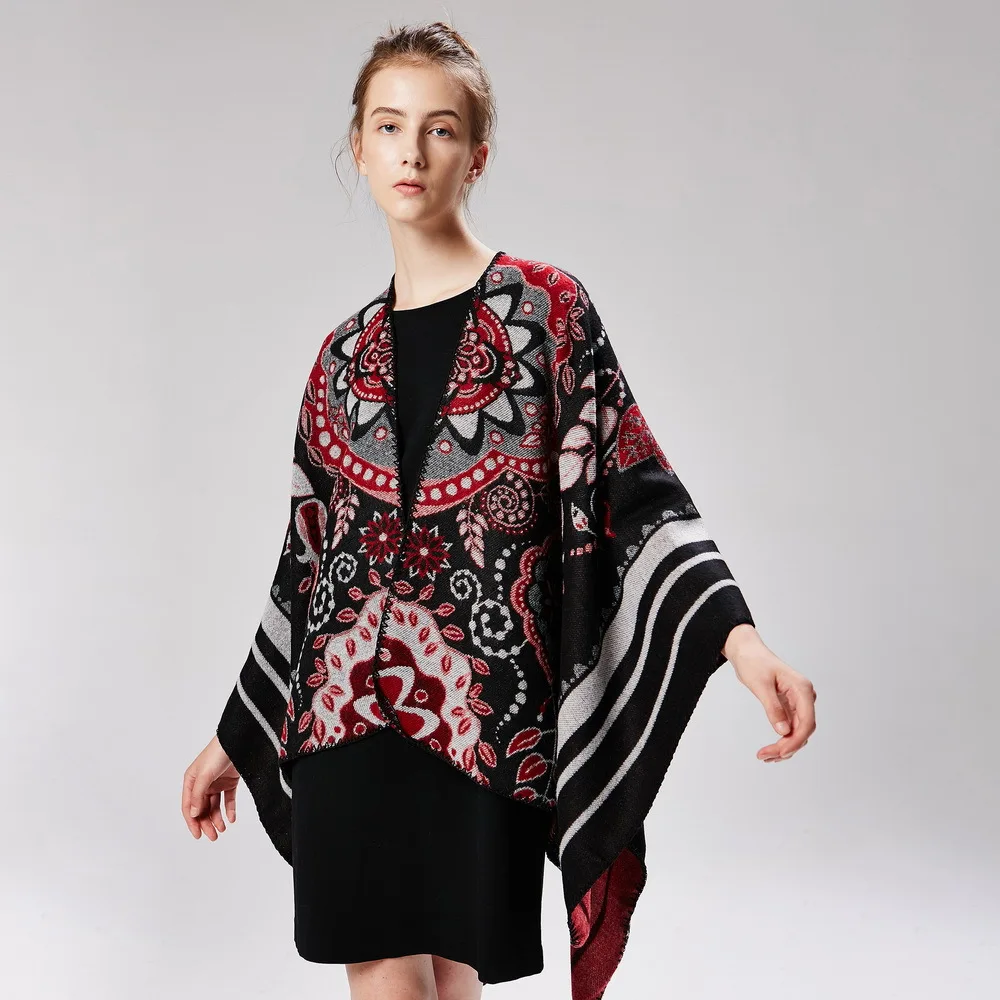 

The new lady national wind flowers warm and sun protection imitation cashmere acrylic shawl cape oversized cardigan