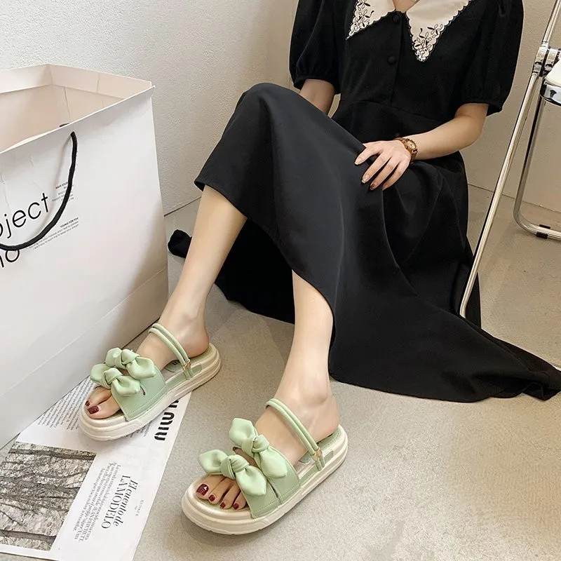 

Female Shoes Ladies' Slippers Platform Butterfly-Knot Luxury Slides Low 2021 Girl Flat Designer PU Scandals Rubber Basic Rome Bu