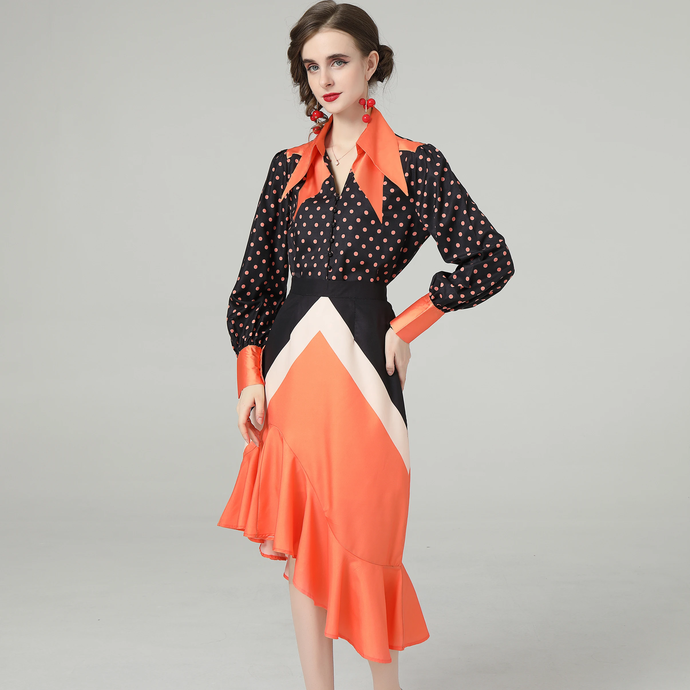 

New Arrival Runway Autumn Shirt 2 Piece Set Women Wave Point Print Hit Color Lantern Sleeve Blouse +Irregular Ruffles Skirt Suit