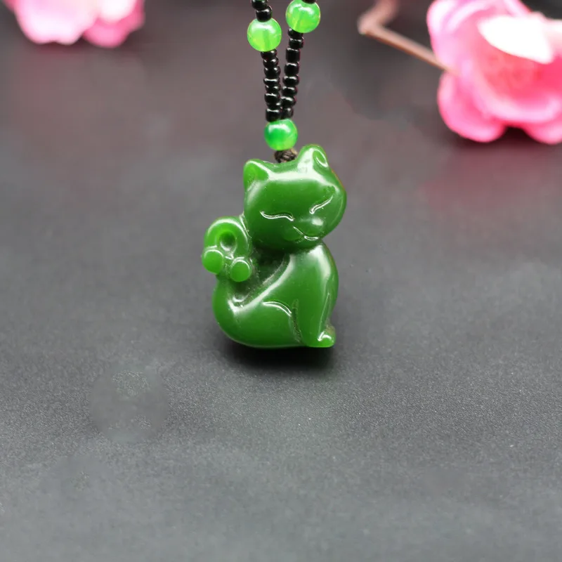 

Natural Green Jade Cat Pendant Necklace Beads Chinese Hand-Carved Jadeite Charm Jewelry Accessories Fashion Amulet Women Gifts