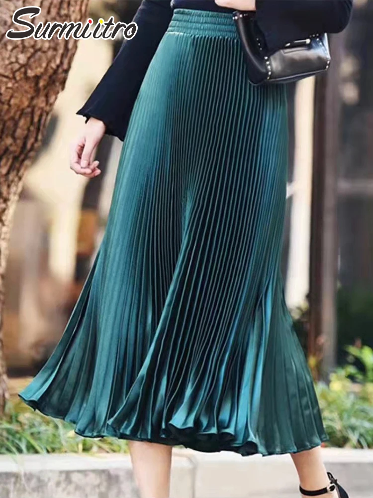 

SURMIITRO 2022 тренд весна лето Женская Блестящая атласная Корейская Мода Эстетическая высокая талия миди длинная Плиссированная трапециевидная...