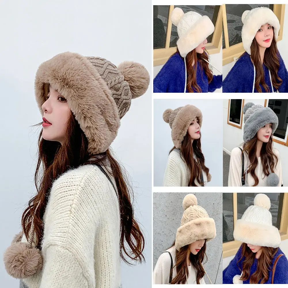 

Women's Faux Fur Knitted Bobble Beanie Hat Pom Pom Ball Cashmere Skiing Cap Furry