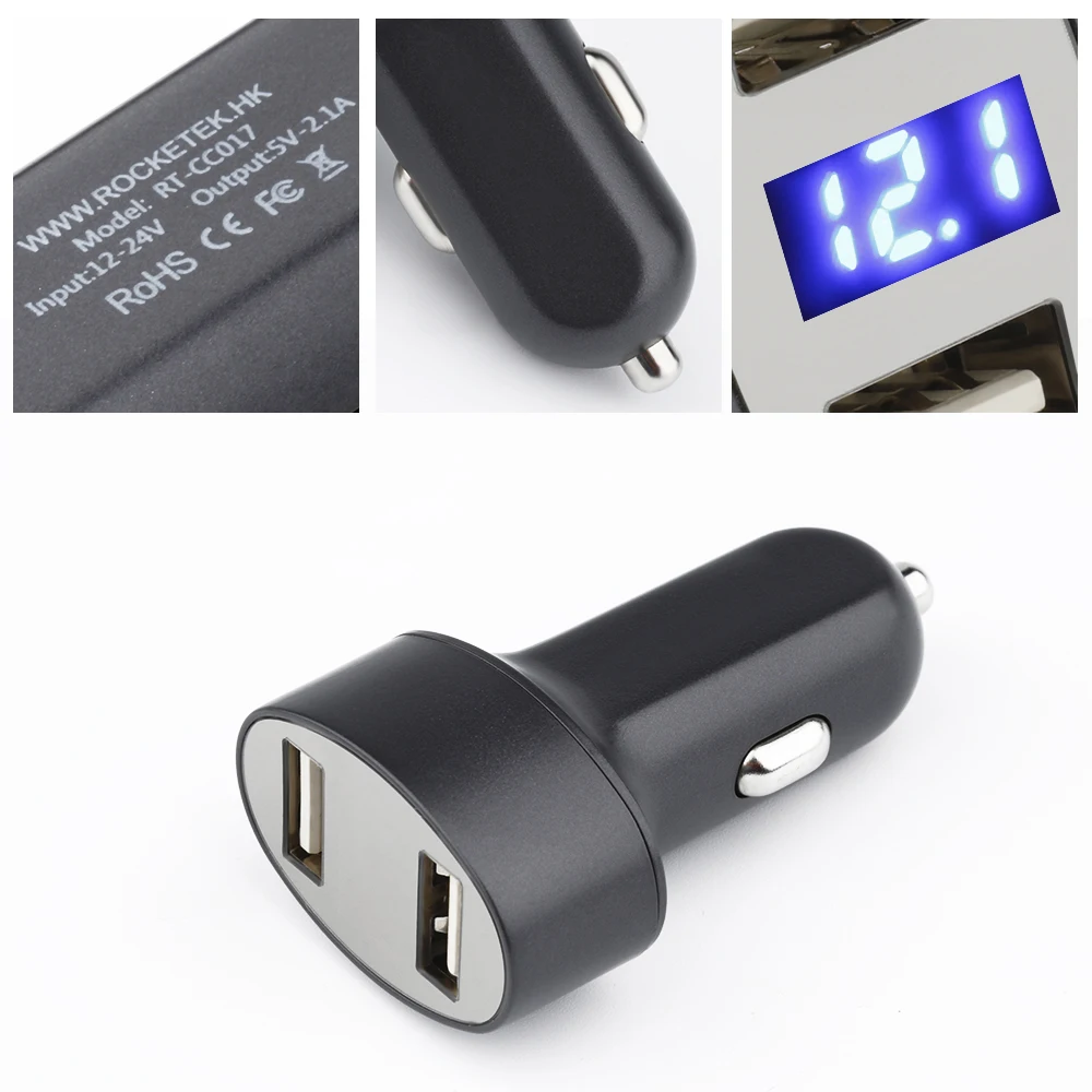 Rocketek Мульти usb Автомобильное зарядное устройство smart ic 2 USB 2.4A светодиодный автомобильный аккумулятор измерительный телефон адаптер Аксессуары для Xiaomi автомобильное зарядное устройство