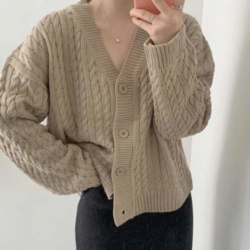 Apricot Neploe зимний Корейский Шикарный ретро свитер пальто Pull Femme сплошной твист v-образным вырезом однобортный длинный рукав вязаный кардиган 55691 - Цвет: Apricot