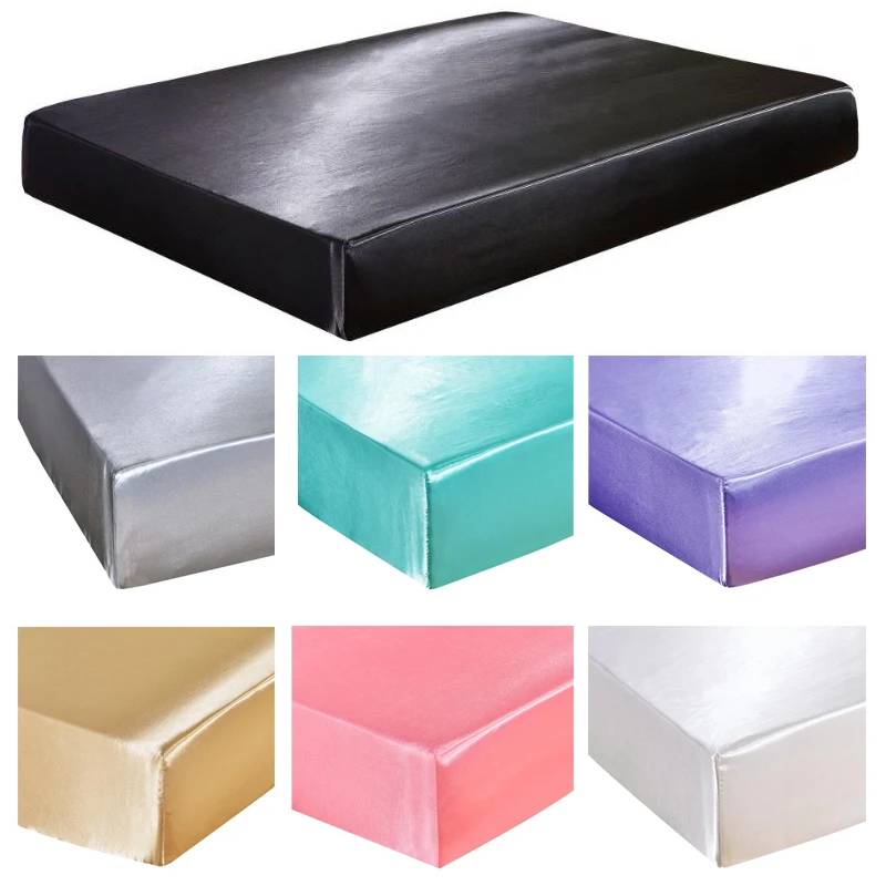 

1 Piece Satin Fitted Sheet Polyester Bed Sheet Solid Bed Cover Without Pillowcases Plain Dyed 20 Colors