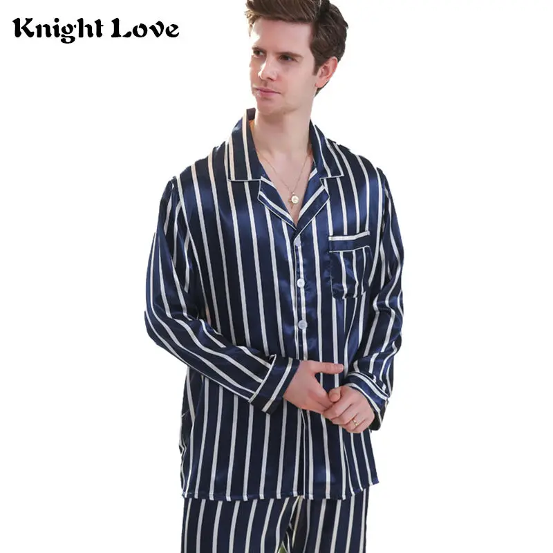 

Pajama Set Men Striped Long Sleeve Man Pyjamas Stain Silk Soft Pajamas Spring And Autumn Plus size Sleepwear Nightgown Pijama Hombre