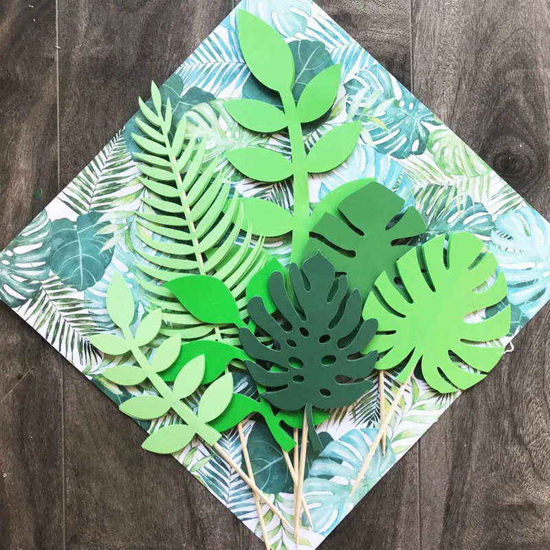 

7Pcs Cake Decoration Tools Tropical Style Cake Topper Flags Wedding Birthday Party Supplies Green Leaf Shape Cake Insert Card
