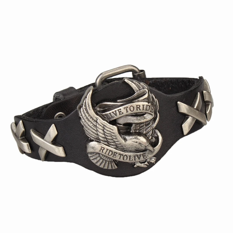 

2020 Punk Male Style Rider Eagle Genuine Leather Bracelet Ride to live Charm Bracelets & Bangles for Men pulseira de couro