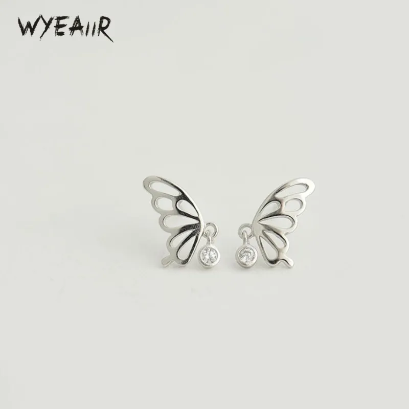 

WYEAIIR Fresh Simple Mini Zircon Hollow Butterfly Sweet Cute 925 Sterling Silver Female Stud Earrings
