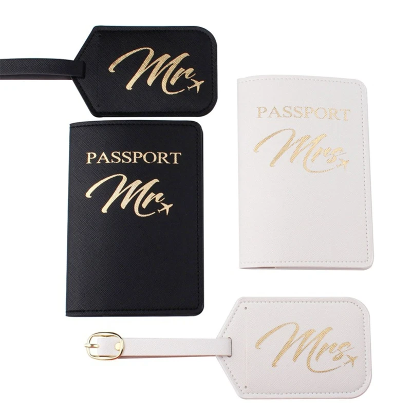 

1Set PU Leather Luggage Bag Tag Mr./Mrs. Passport Case Cover for Couples Honeymoon Travel Organizer G5AE