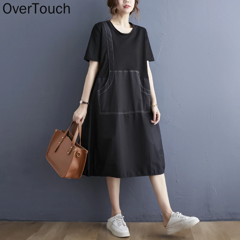 

2021 New Plus Size Women Shirt Dress Vintage Solid Spliced Black Cotton Summer Sundress Loose Casual Lady Dress Pockets