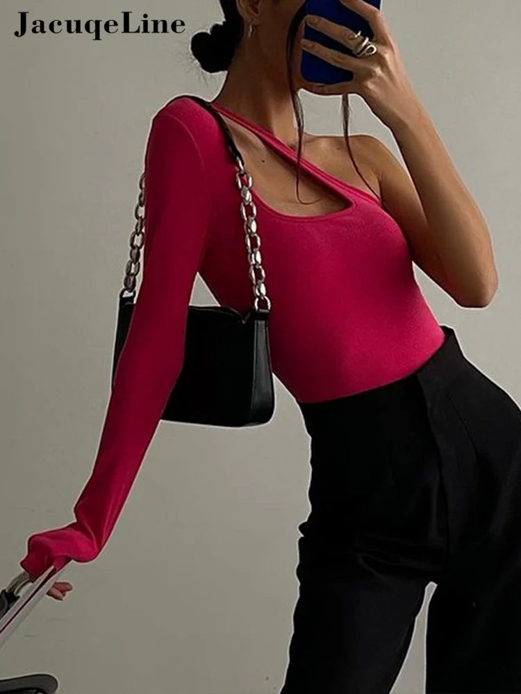 

Jacuqeline 2022 Spring Sexy Basic Ribbed Crop Tops Women One Shoulder Hollow Out Long Sleeve Skinny Knitted Party Tee T Shirts