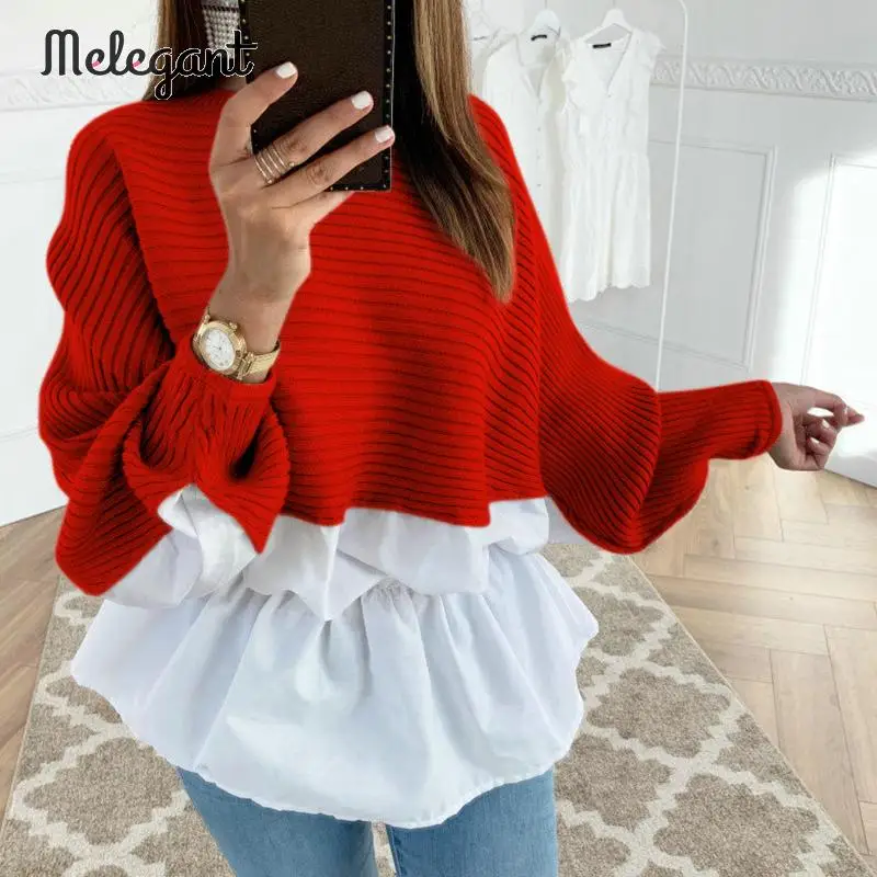 Элегантный винтажный трендовый вязаный пуловер с оборками и круглым вырезом