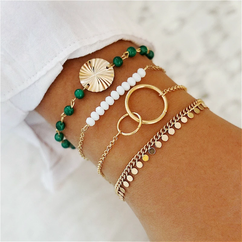 

Bohamia Bracelet Set Femme Green Beads Chain Vintage Gold Color Geometric Bracelet For Women Accessories Pulseras Mujer