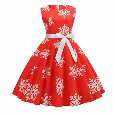 

Christmas printed retro style snowflake round collar sleeveless Hepburn style dress