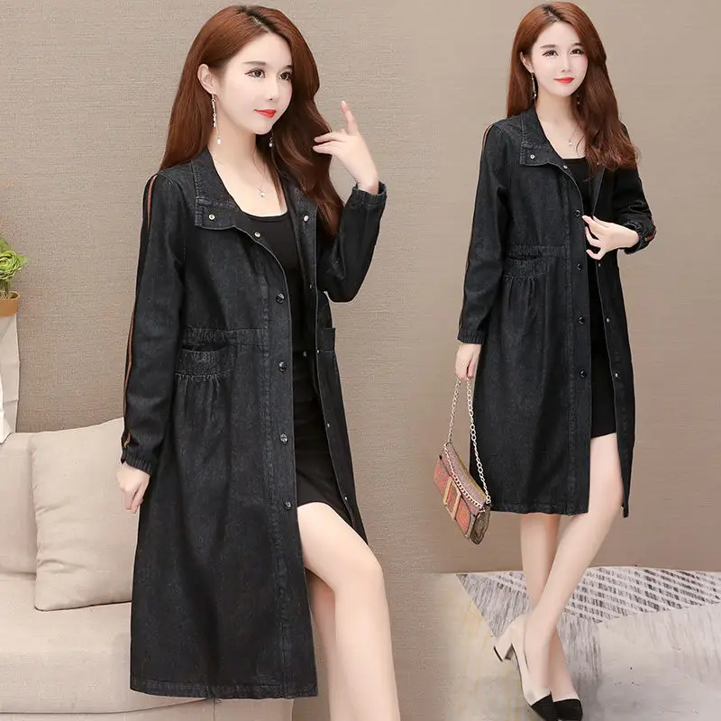 Тренчкот женский джинсовый ветровка средней длины из денима свободная модная